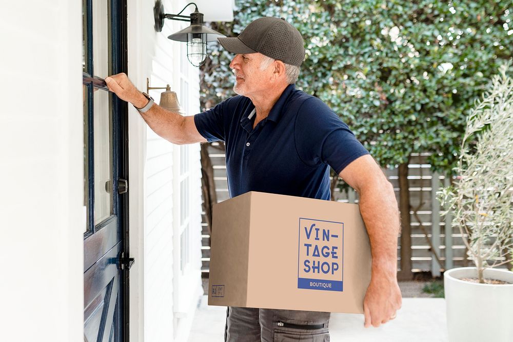 Parcel box mockup, package delivery man at the doorstep psd