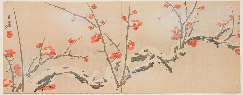 Flowering plums in snow (ca. 1818&ndash;1829) print in high resolution by Yamaoka Geppo. Original from the Minneapolis…