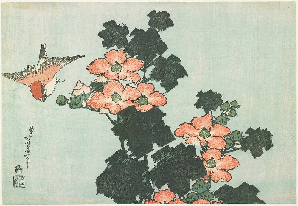 Hibiscus and Sparrow (ca.1833&ndash;1834) in high resolution by Katsushika Hokusai. Original from The Minneapolis Institute…