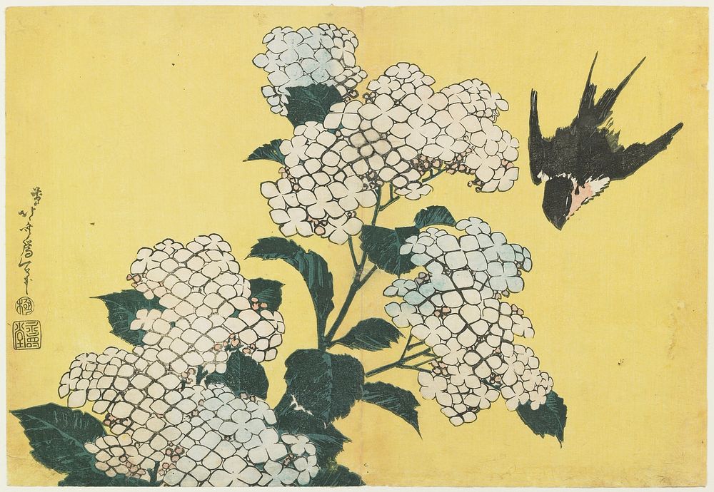 Hydrangeas and Swallow (ca.1833&ndash;1834) in high resolution by Katsushika Hokusai. Original from The Minneapolis…