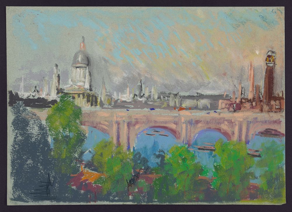 London over Waterloo Bridge (between ca. 1880 and 1926) painting in high resolution by Joseph Pennell.  