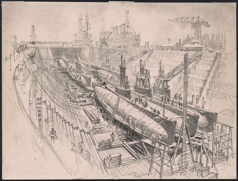 Submarines in drydock (1917) print in high resolution by Joseph Pennell.  