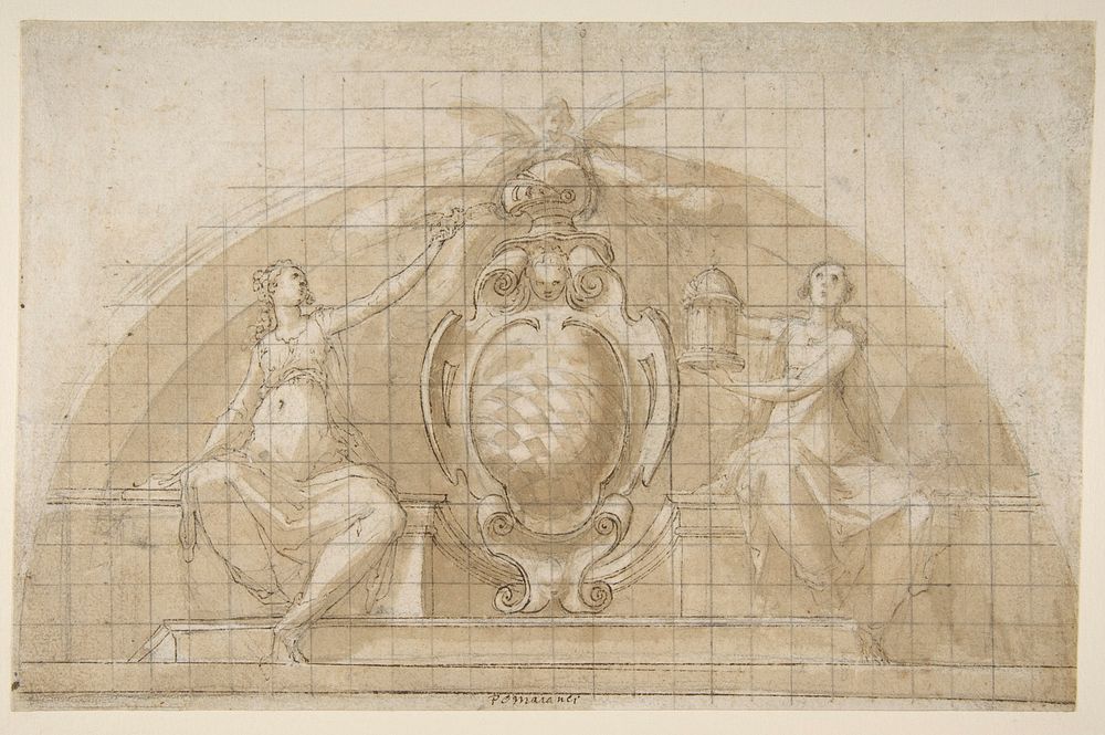 Design for a Lunette Decoration: Coat of Arms Flanked by Seated Allegorical Figures (recto and verso), attributed to…