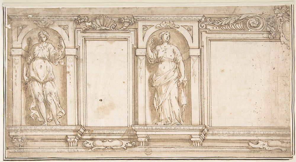 Design for Wall Decoration with Two Female Figures by Il Pomarancio (Niccol&ograve; Circignani)