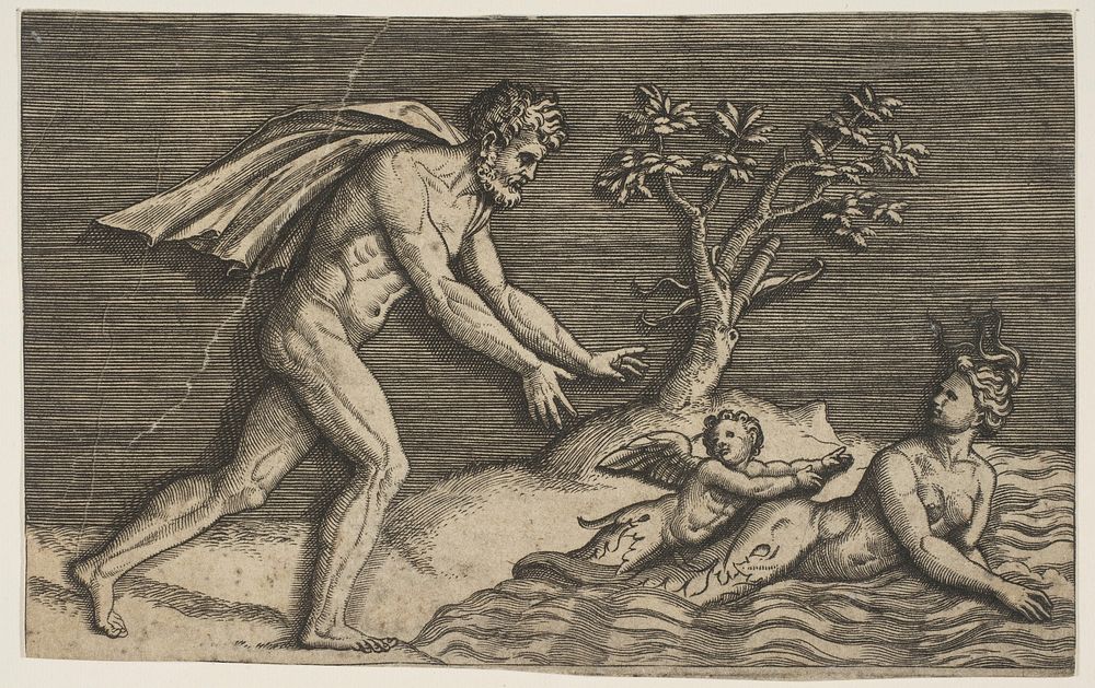 A naked man pursing a naiad and a cupid into the water by Marco Dente