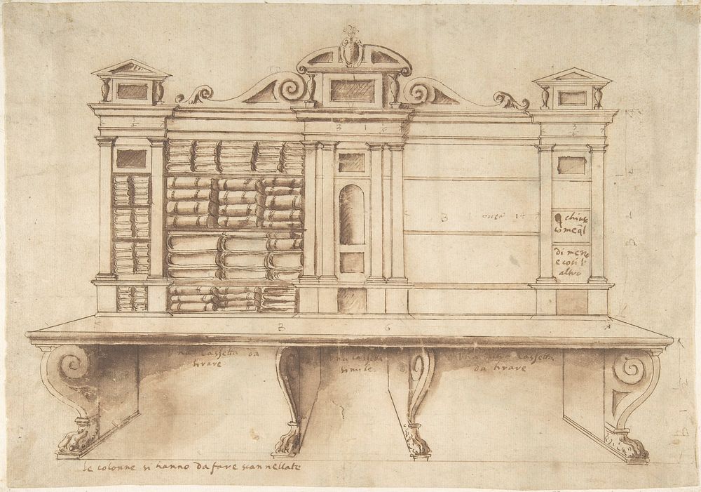 Design for a Bookcase with Writing Desk, Anonymous, Italian, 16th century