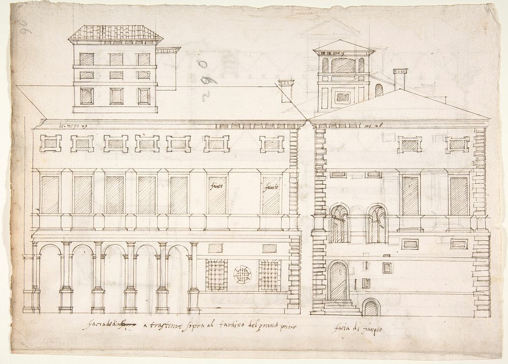 Palazzo Salviati-Adimari elevations (recto) Villa Farnesina stables, plan and section; drawing of a screw (verso)