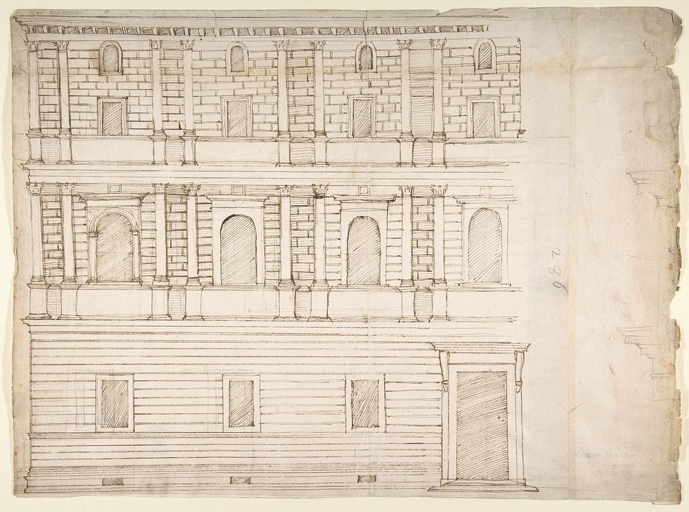 Palazzo Giroud Torlioni, elevation, cornice details (recto) Calculation table (verso)
