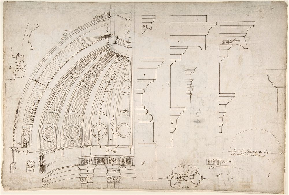 St. Peter's, dome and drum, interior section and elevation, and labeled details (recto); St. Peter's, moulding profiles…