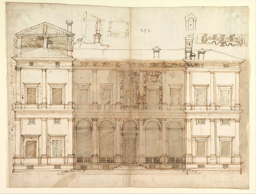 Villa of Agostino Chigi (La Farnesina), Rome, north façade, with ornamental detailing (recto); Villa of Agostino Chigi (La…