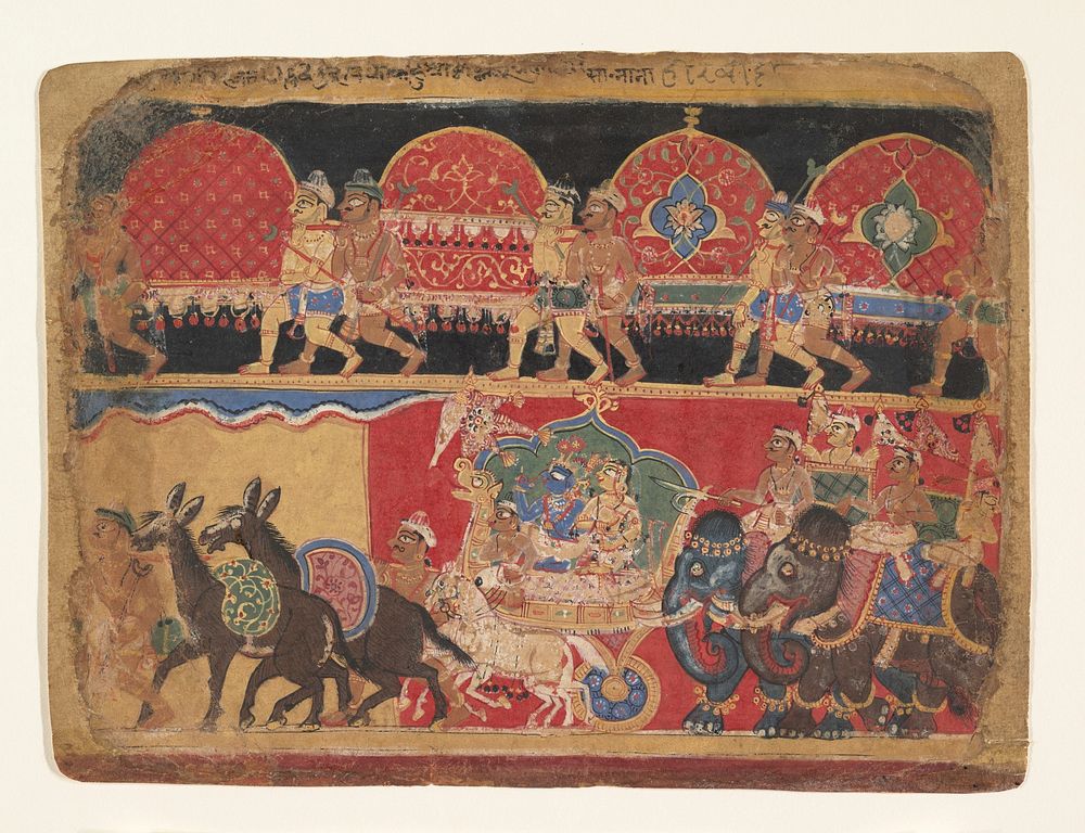 Krishna and the Kshatriya Maidens Proceed to Dvaraka: page from a Bhagavata Purana series by Sa Nana