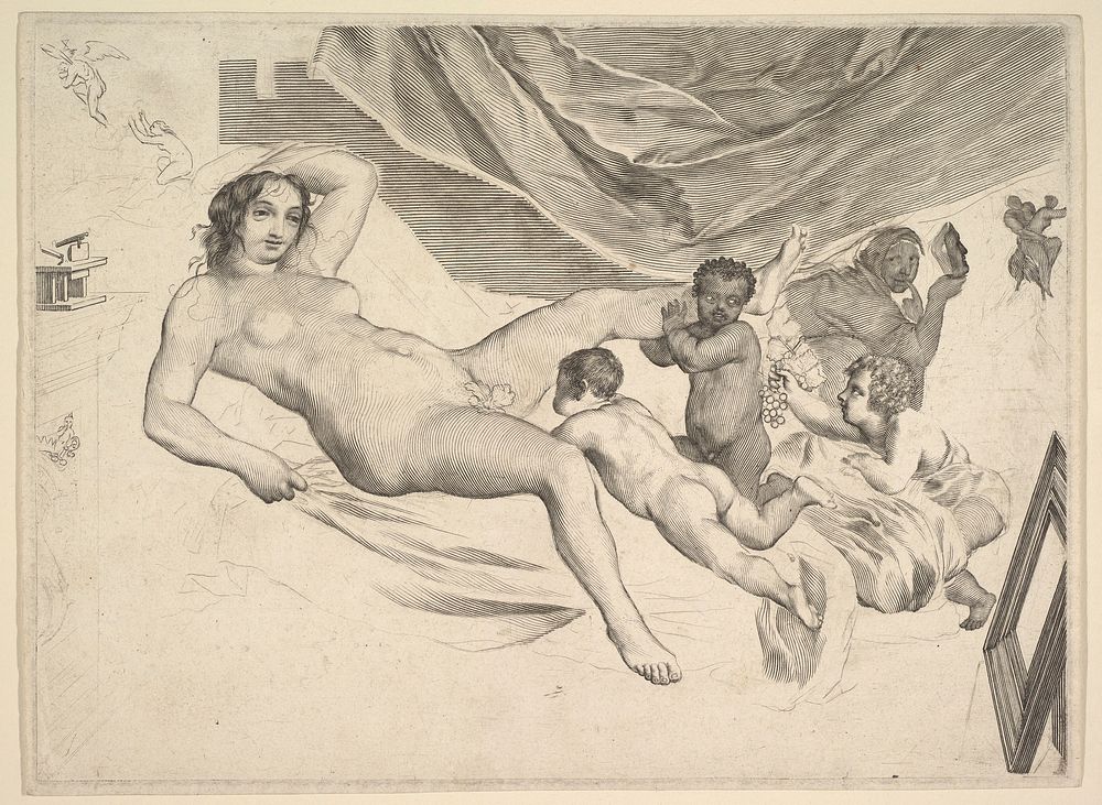 Allegorical Subject: Nude Woman, Three Children and a Mousetrap (La Sourcière) by Claude Mellan
