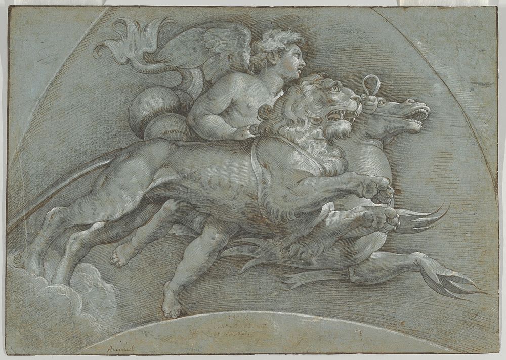 A Winged Putto Riding a Sea Horse and a Lion (after Raphael); verso; The Three Graces (after Raphael), Denijs Calvaert