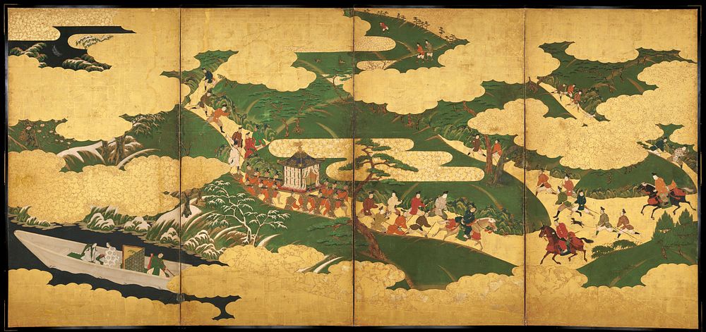 “An Imperial Excursion” (Miyuki), “A Boat Cast Adrift” (Ukifune), and “The Barrier Gate” (Sekiya) by Tosa Mitsuyoshi