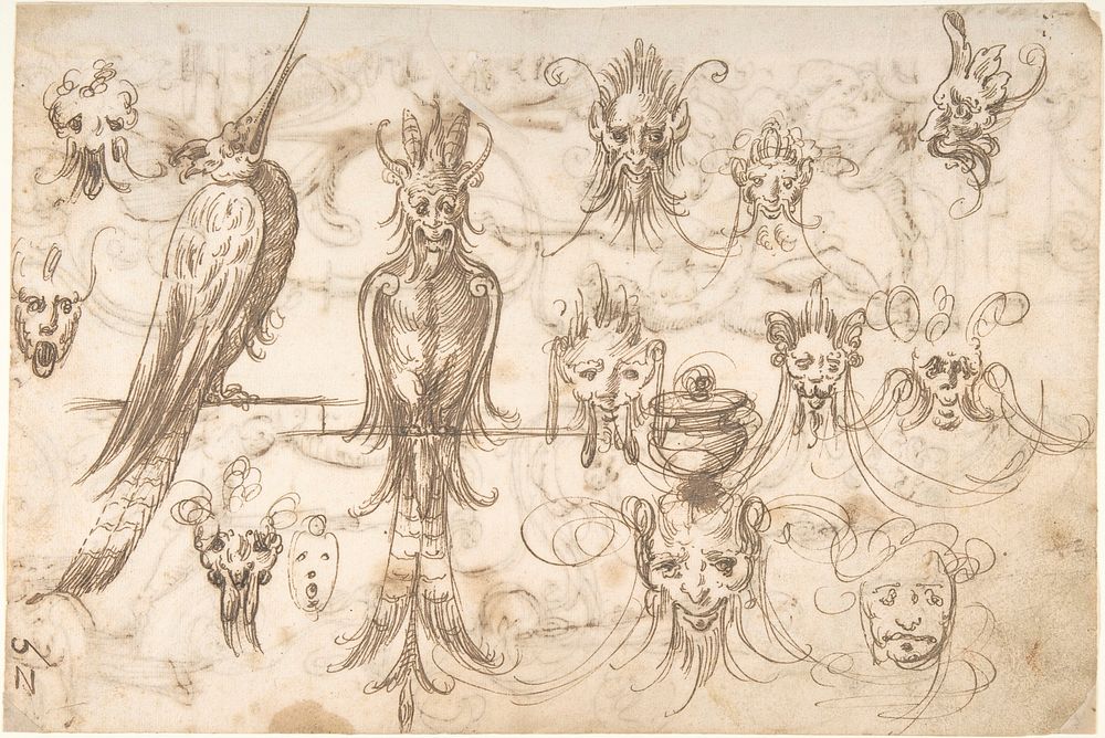 Studies for birds and grotesque masks (recto); candelabra grotesques, ewers and vases (verso), ? attributed to Andr&eacute;s…