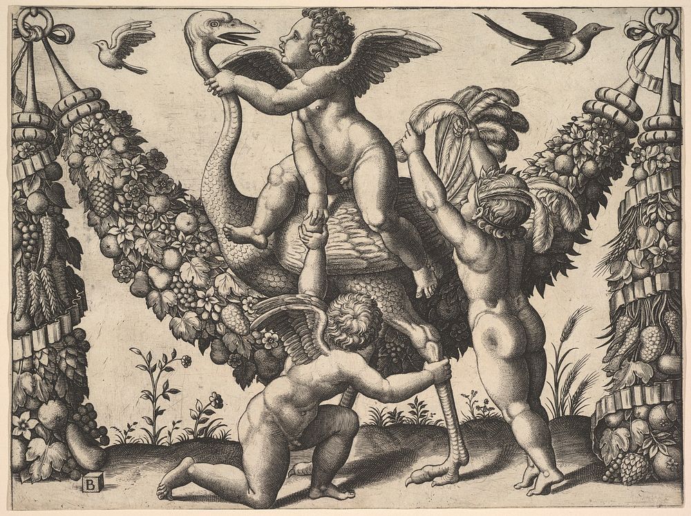 Three putti before a large garland, the one in the middle rides an ostrich, from a series of tapestries made for Leo X by…