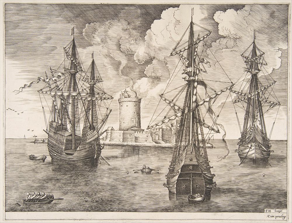 Four-master and Two Three-masters Anchored near a Fortified Island from The Sailing Vessels by Hieronymus Cock