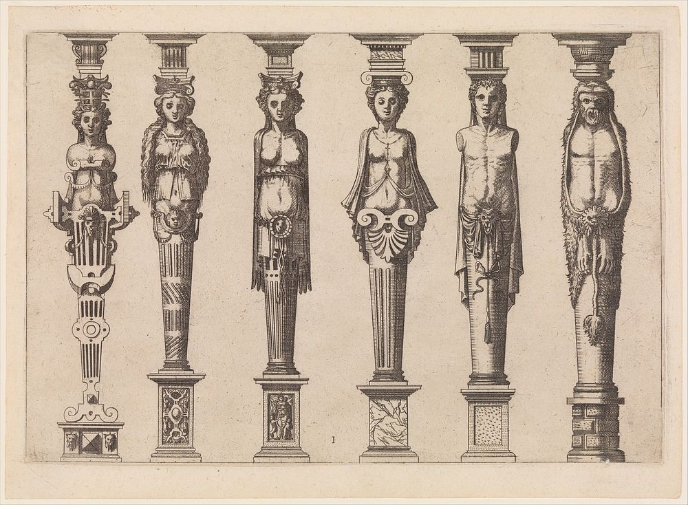 Six terms, four female and two male, with Hercules at far right, plate 1, from Caryatidum [...] sive Athlantidum…