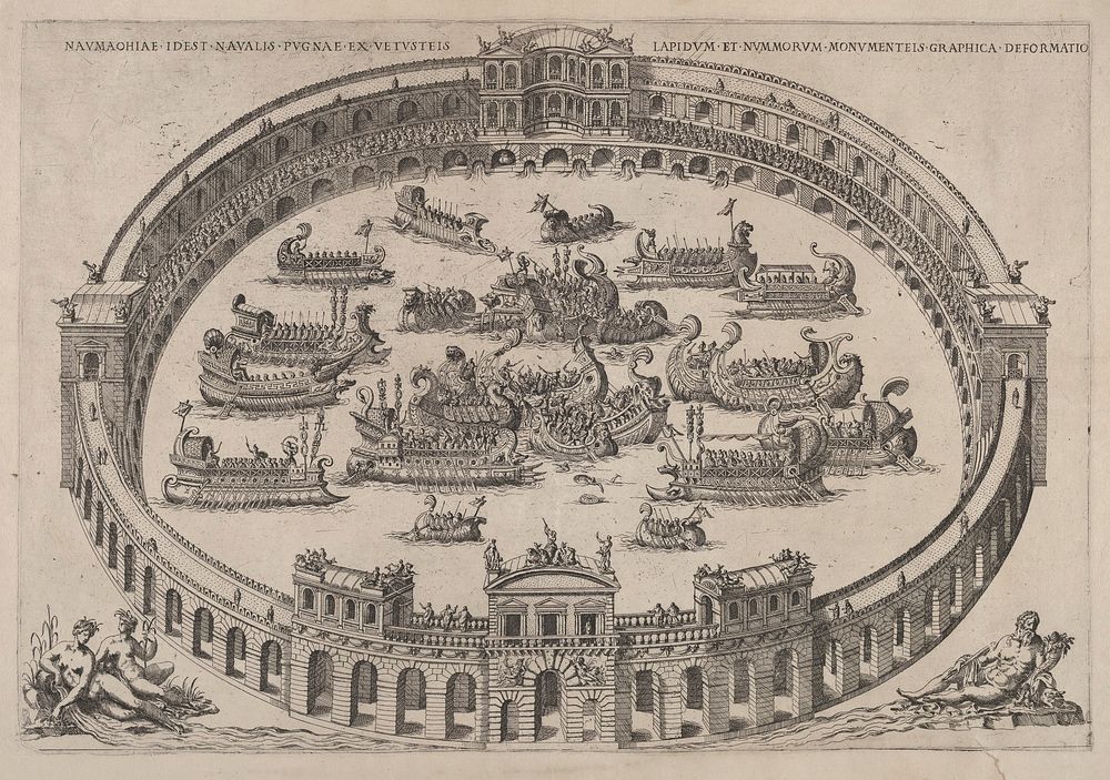Naval engagement set inside a Roman arena, with the river Tiber and nymphs at lower left and right by Etienne DuP&eacute;rac