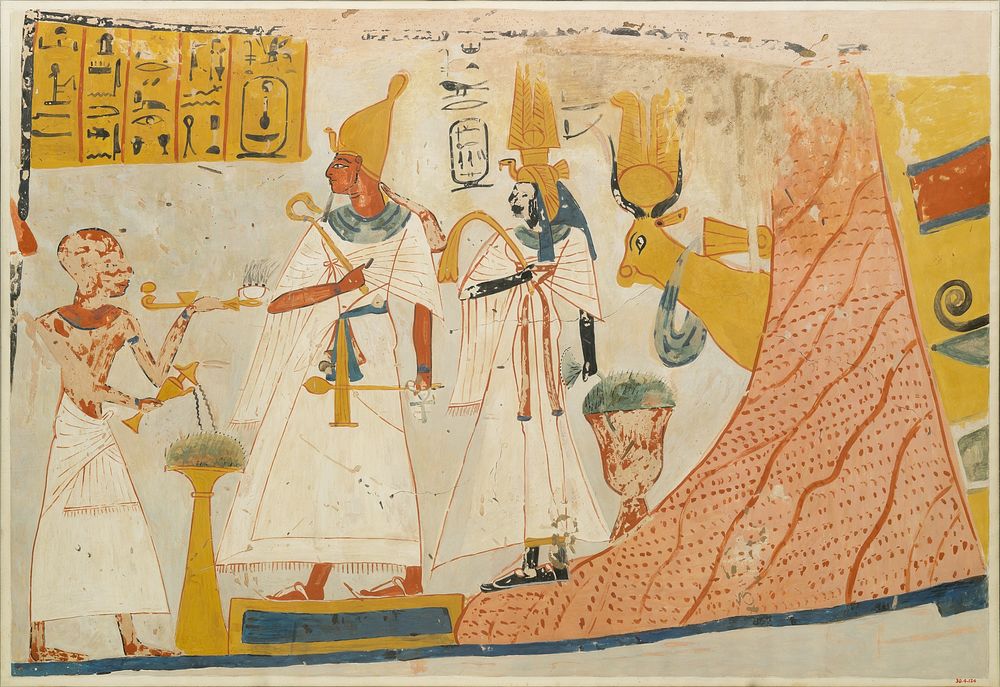 Deceased censing and libating to the deified Mentuhotep and Ahmose-Nefertari, with the Hathor cow emerging from the…