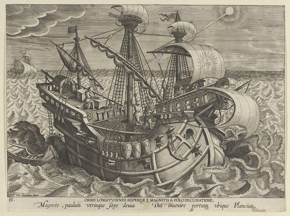 New Inventions of Modern Times Nova Reperta, The Discovery of the Establishment of the Longitudes, plate 16 by Jan Collaert I