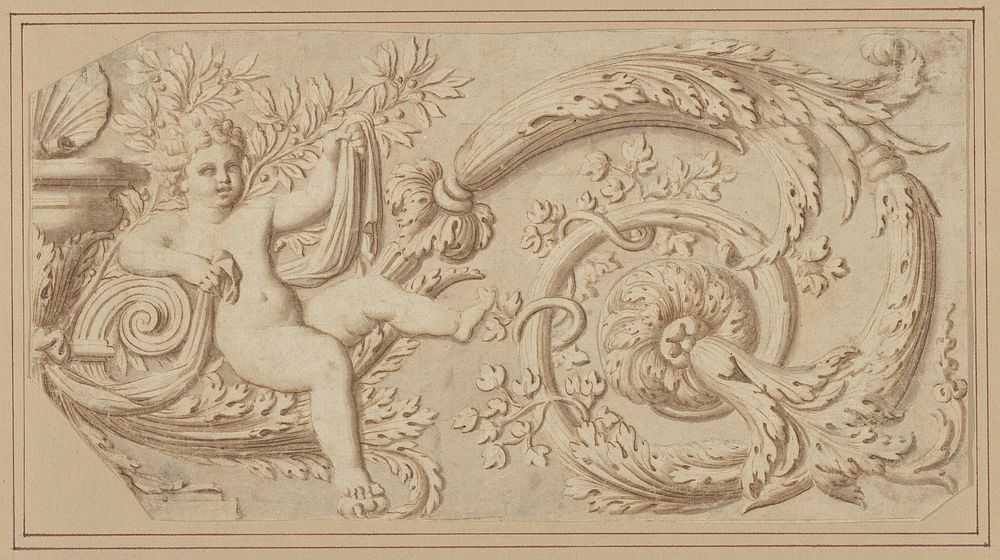 Design for a Frieze with Putto and Acanthus Scroll, anonymous, French, 17th century