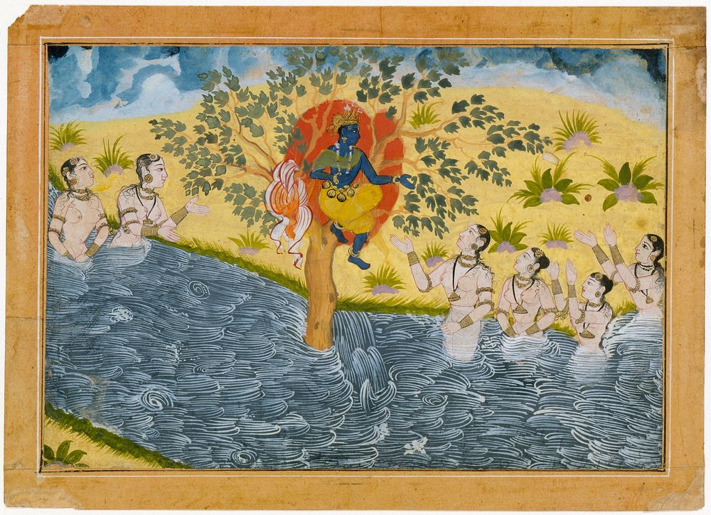 The Gopis Plead with Krishna to Return Their Clothing, Page from a Bhagavata Purana (Ancient Stories of Lord Vishnu) series…
