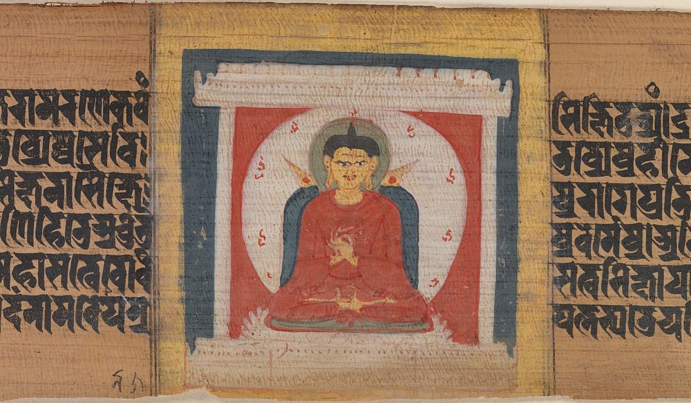 Buddha Enthroned in a Shrine, Leaf from a dispersed Pancavimsatisahasrika Prajnaparamita Manuscript, India (Bengal) or…