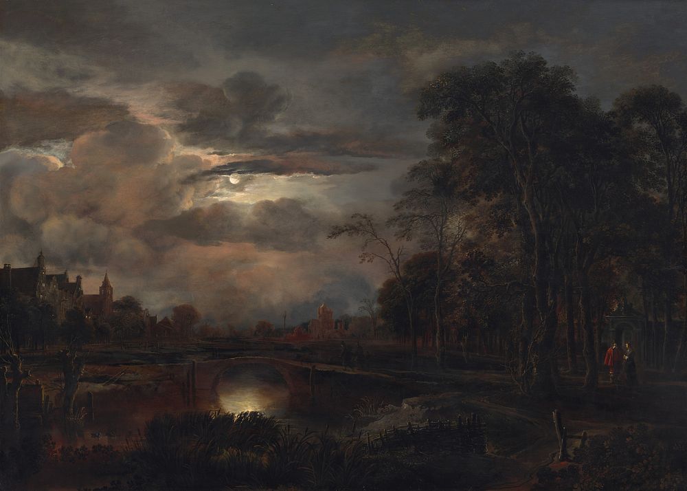 Moonlit Landscape with Bridge (probably 1648–1650) by Aert van der Neer.  