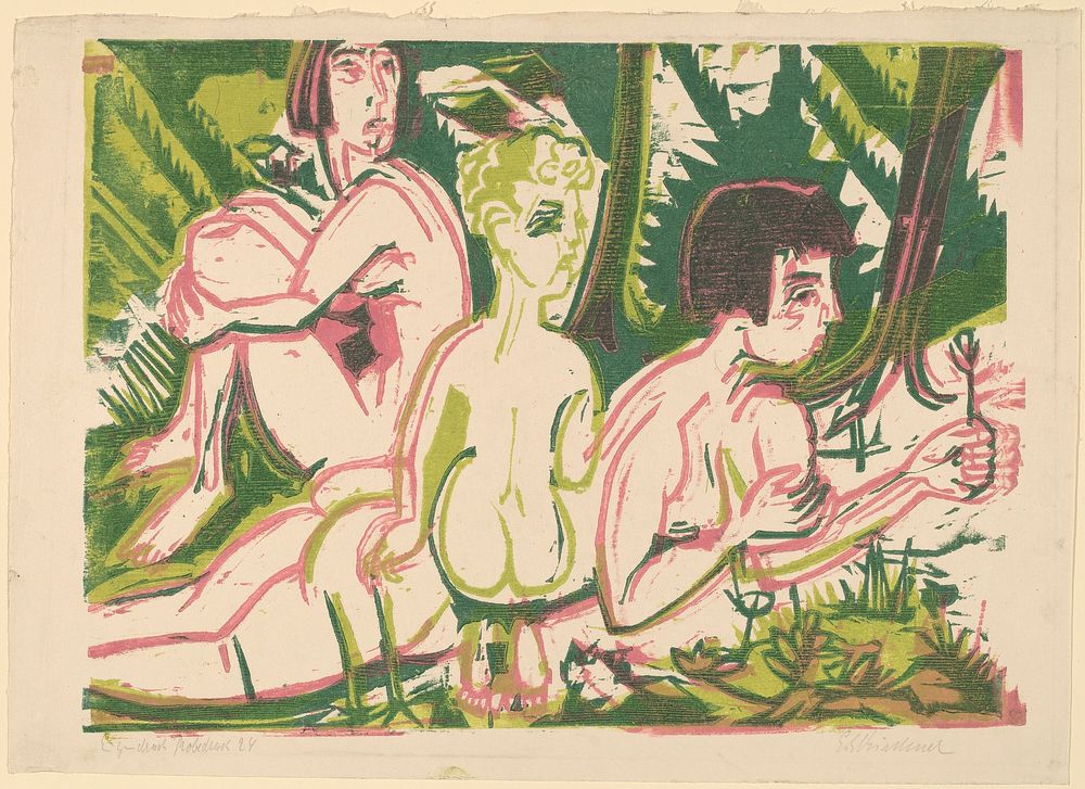 Nude Women with a Child in the Forest (1925) print in high resolution by Ernst Ludwig Kirchner.  