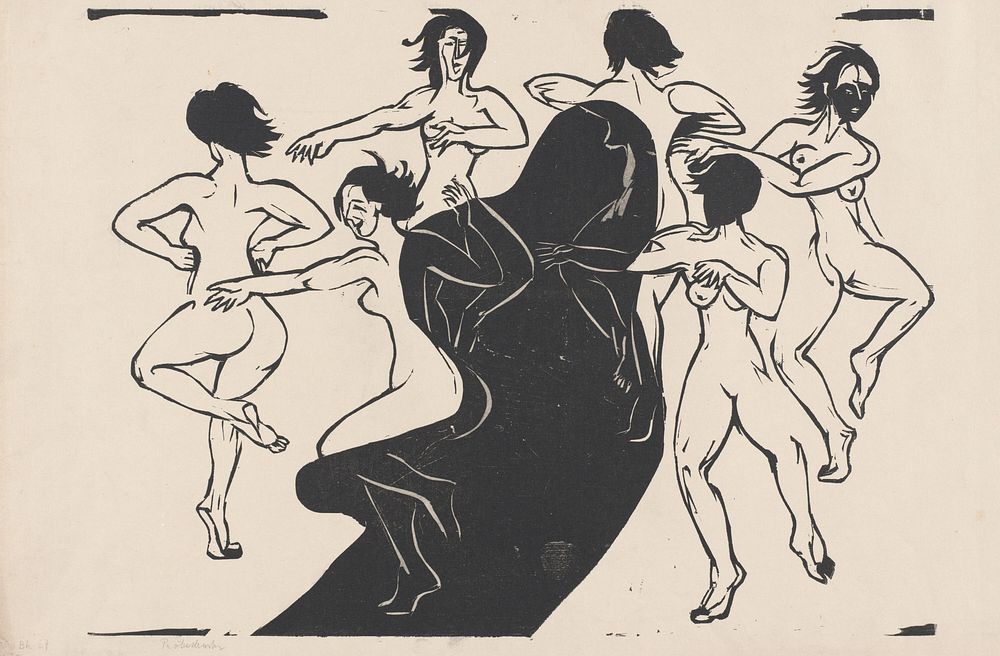 Nudes Dancing around a Shadow (1936) print in high resolution by Ernst Ludwig Kirchner.  