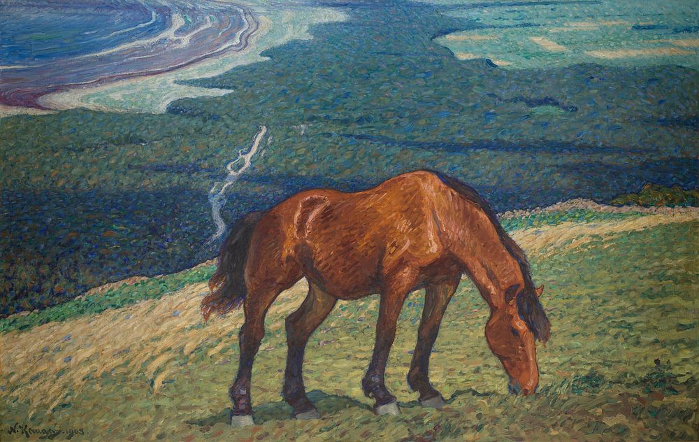 Grazing Horse (1908) painting in high resolution by Nils Edvard Kreuger. Original from the Thiel Gallery. 