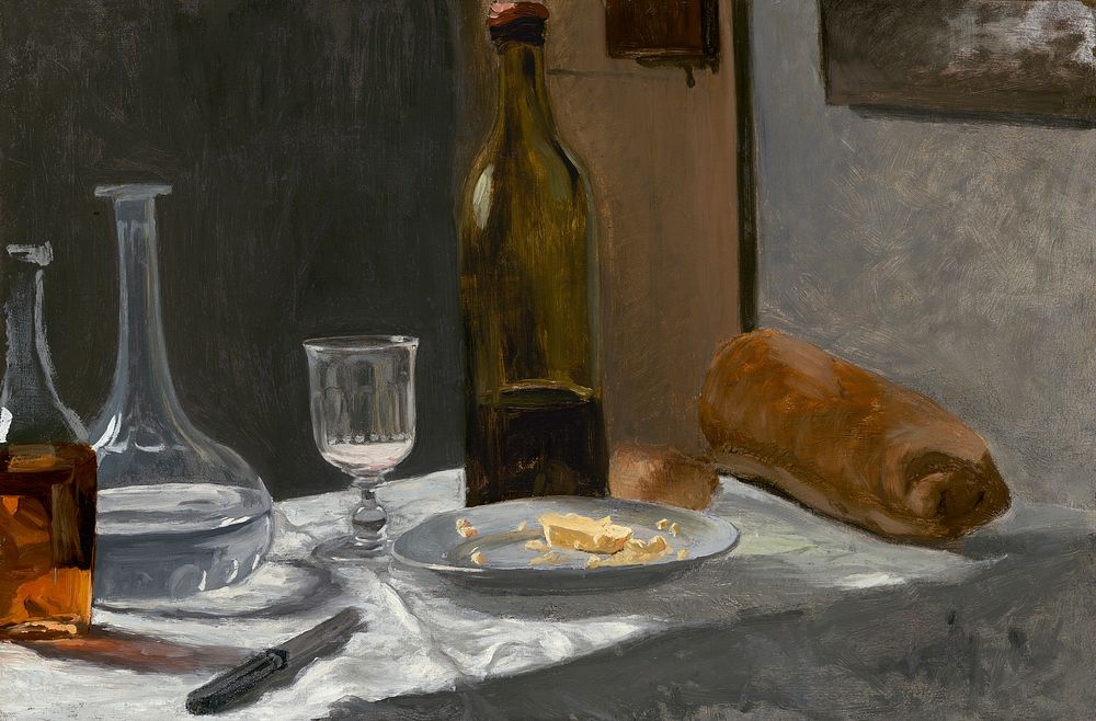 Claude Monet's Still Life with Bottle, Carafe, Bread, and Wine (ca. 1862-1863) 
