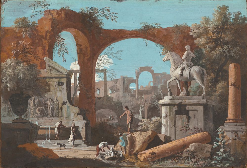 A Capriccio of Roman Ruins (1727&ndash;1729) by Marco Ricci.  