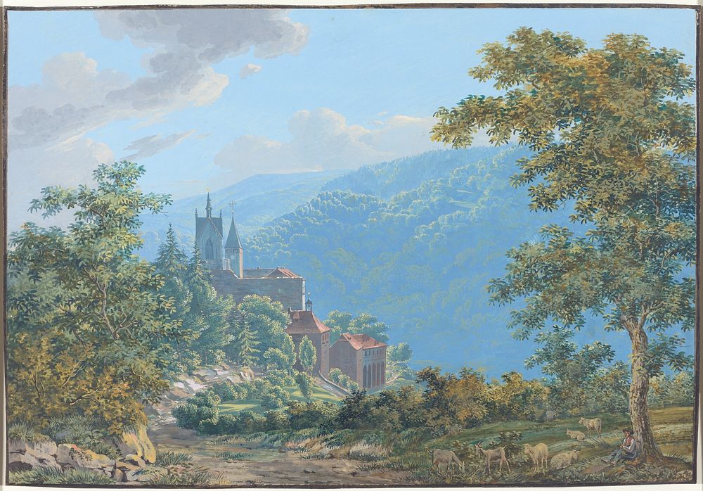 A Fortress in a Mountain Landscape at Sunrise (1810) by Jakob Wilhelm Huber.  