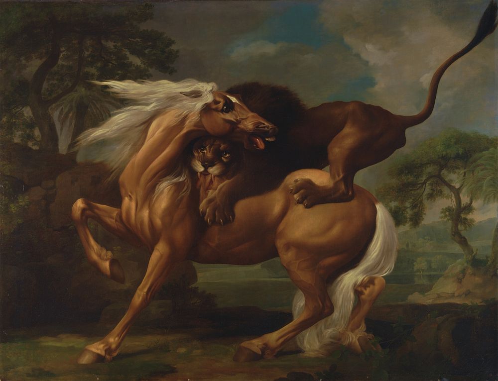 A Lion Attacking a Horse (1762) painting in high resolution by George Stubbs.  
