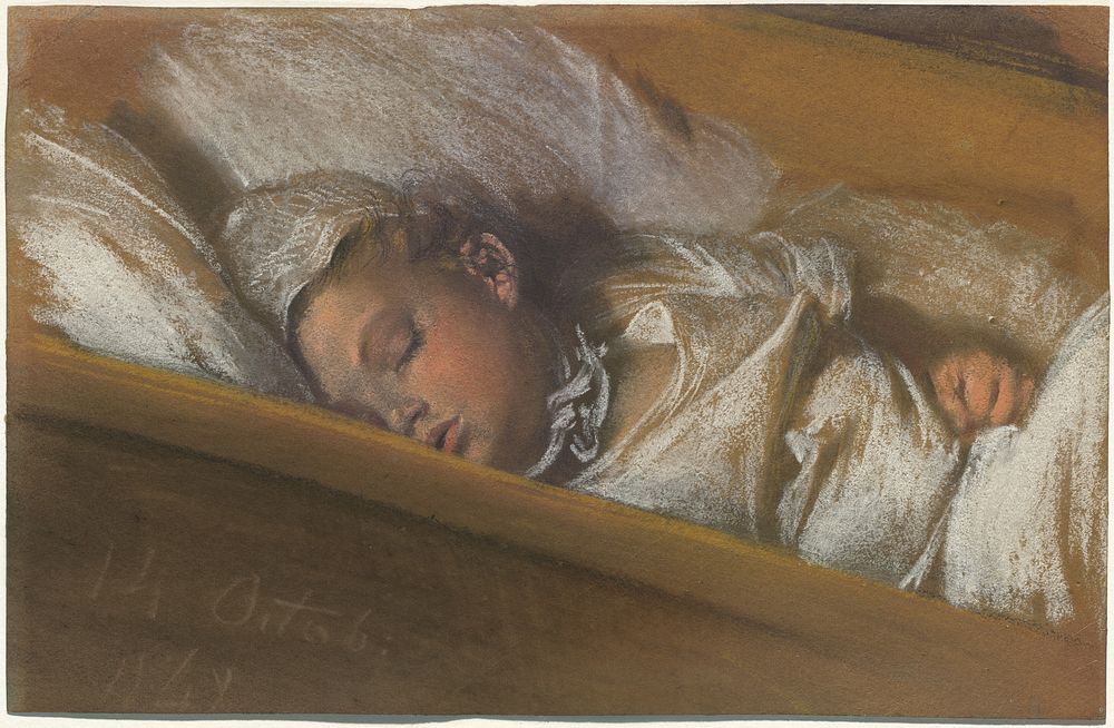 An Infant Asleep in His Crib (1848) by Adolph Menzel.  