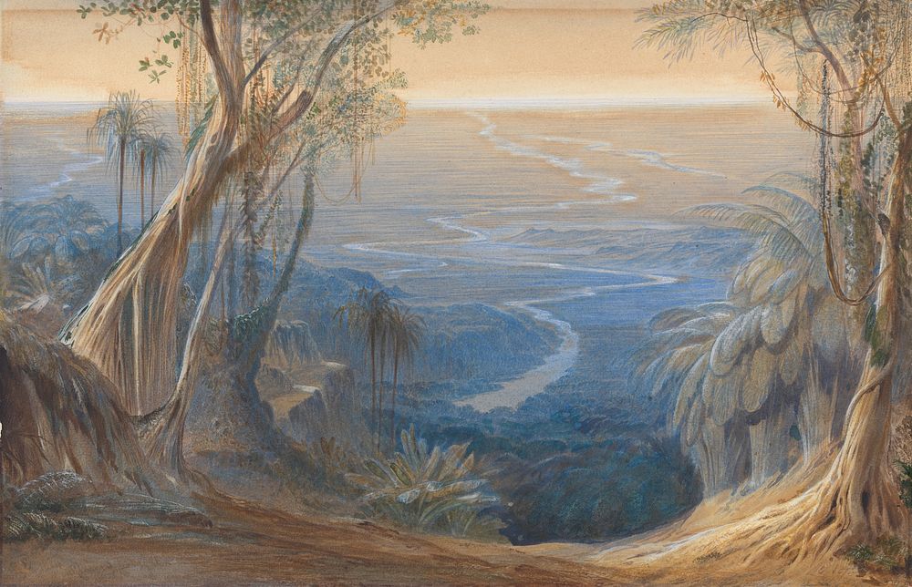Plains of Bengal, from above Siligoree (1874) painting in high resolution by Edward Lear.  