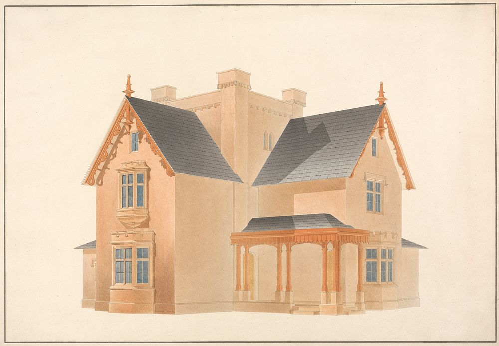 Cottages at Chatsworth, Derbyshire: Perspective (1818) drawings in high resolution by Studio of Sir Jeffry Wyatville.  