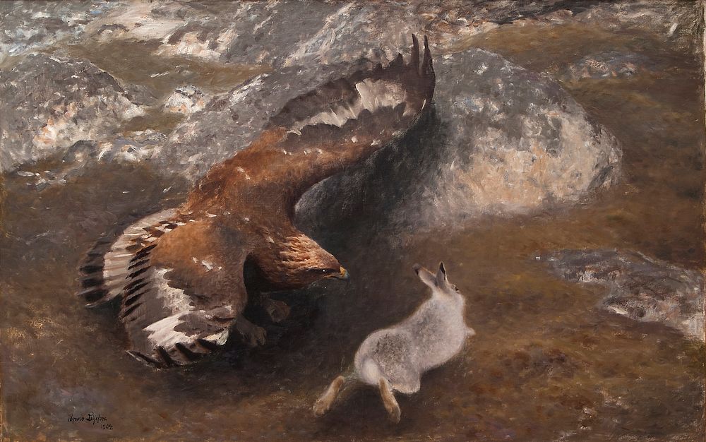Eagle and Hare (1904) painting in high resolution by Bruno Liljefors. Original from The Thiel Gallery. 