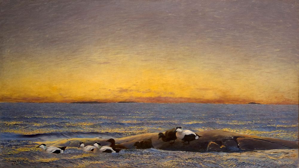 Morning Mood by the Sea (1896) painting in high resolution by Bruno Liljefors. Original from The Thiel Gallery. 