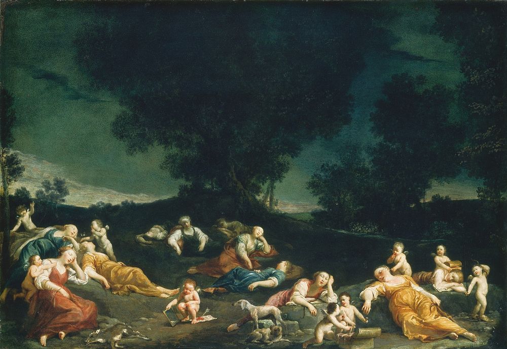 Cupids Disarming Sleeping Nymphs (ca. 1690–1705) by Giuseppe Maria Crespi.  