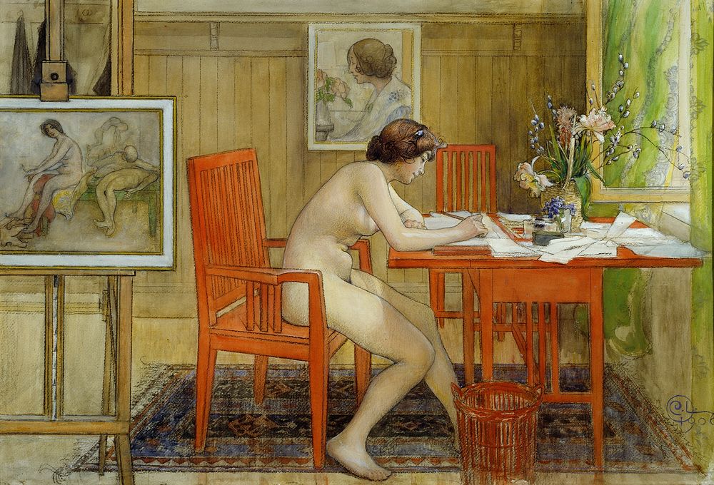 The Model Writing a Postcard (1906) painting in high resolution by Carl Larsson. Original from the Thiel Gallery. 