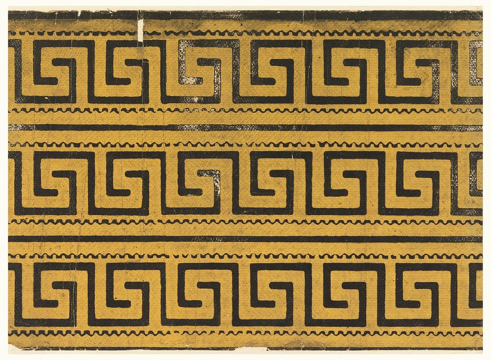 Greek key design printed in black on embossed gold ground (1840s) wallpaper design. 