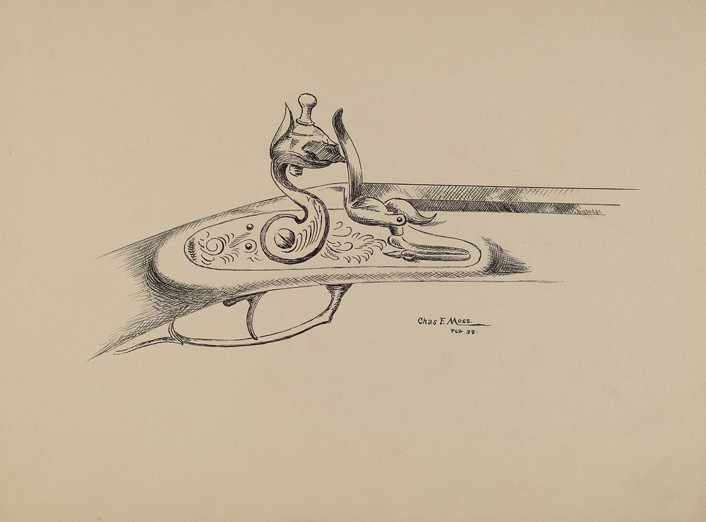 Detail of a Flint Lock (1938) drawing in high resolution by Charles Moss.  
