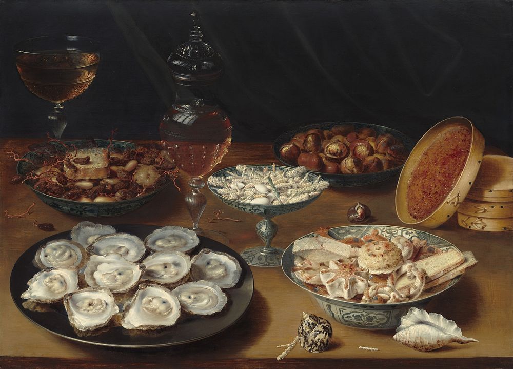 Dishes with Oysters, Fruit, and Wine (ca. 1620–1625) by Osias Beert the Elder.  