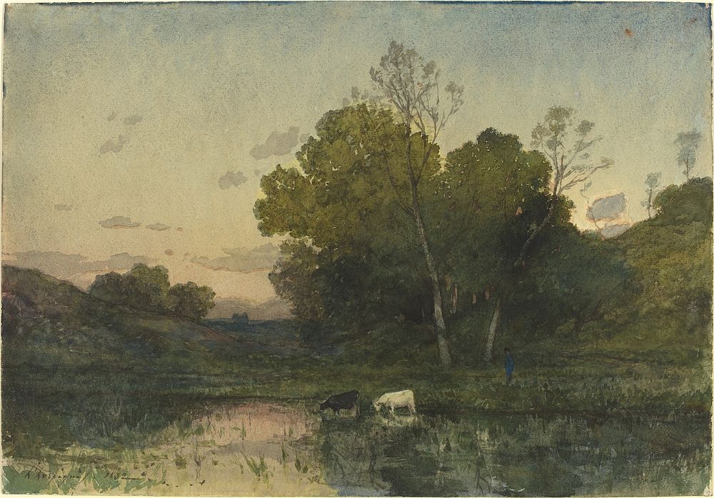 Evening Light on a Wooded Lakeside with Cattle Drinking (1882) by Henri–Joseph Harpignies.  