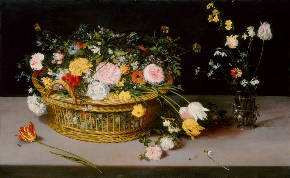 Flowers in a Basket and a Vase (1615) by Jan Brueghel the Elder.  