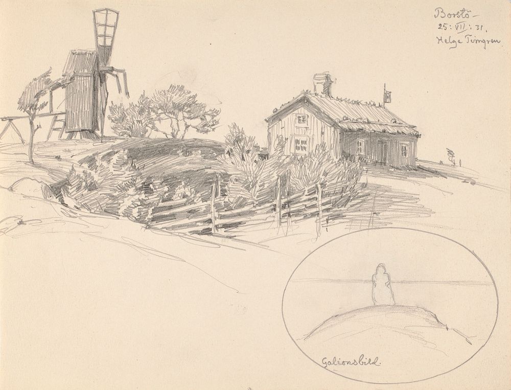 Mökki ja vanha tuulimylly, borstö, 1931