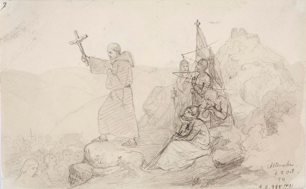 Munkki saarnaamassa kristinoppia joukolle pakanoita, oikealla neljän henkilön ryhmä, 1854 by Anders Ekman